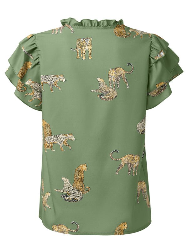 New casual summer V - neck printed ruffle sleeve top - Top